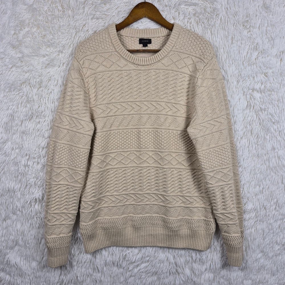 J.Crew Mens L Beige Combination Guernsey Stitch Sweater Fisherman Grandpa